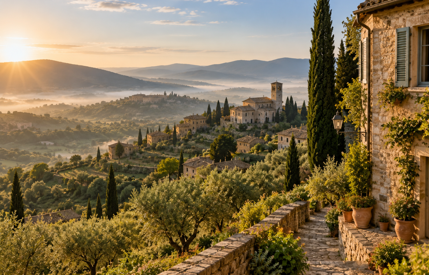 Ancient olive trees and traditional stone farm buildings in Umbria