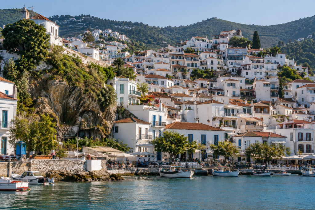 Whitewashed Skopelos Chora rising above the harbour on the island of Skopelos