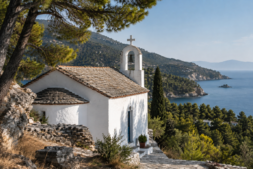 Small Greek Orthodox chapel overlooking the Aegean on Skopelos