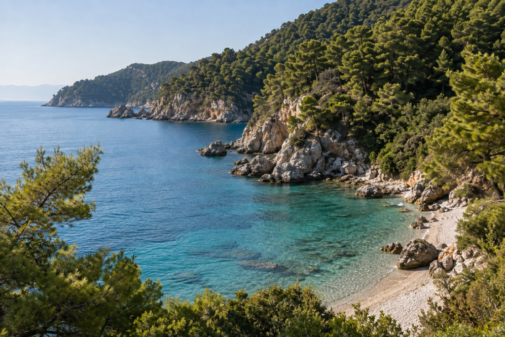 Pine forest reaching the Aegean coastline on Skopelos