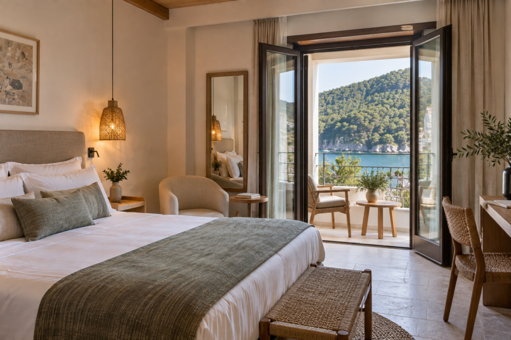 Renovated contemporary guest room at Panormos Beach Hotel Skopelos with balcony seating