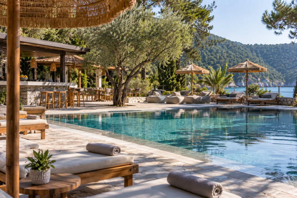 Pool area and pool bar at Panormos Beach Hotel Skopelos surrounded by greenery