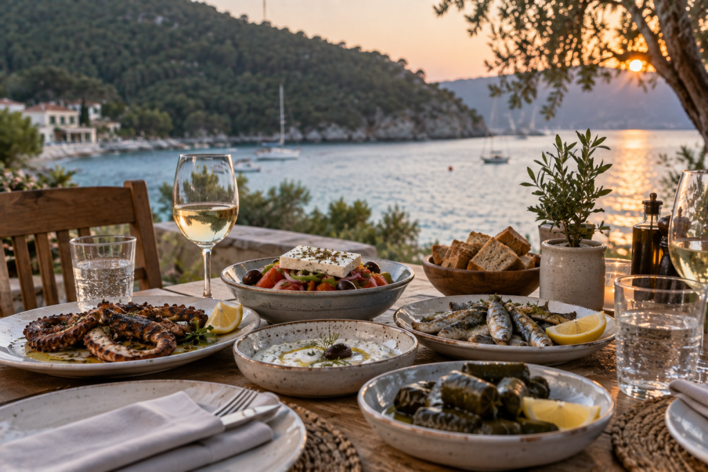 Greek dishes served at the restaurant of Panormos Beach Hotel Skopelos