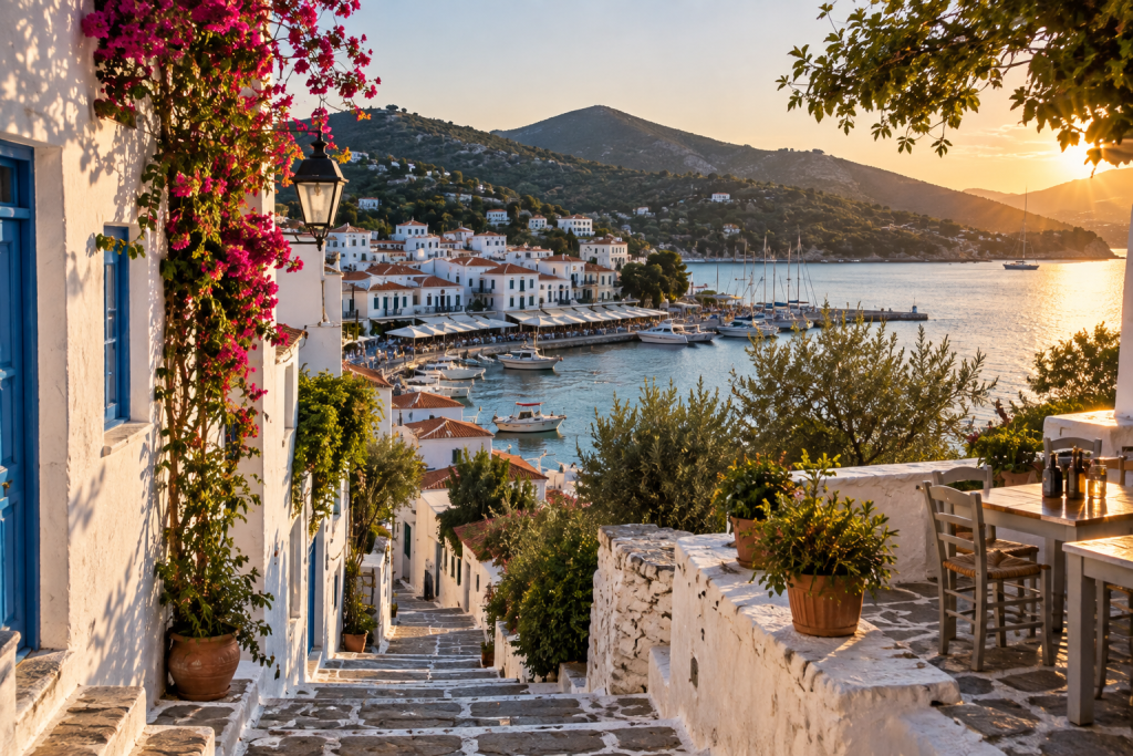 Steep stone lanes of Skopelos Town descending towards the harbour, with whitewashed houses, red-tiled roofs, boats and pine-covered hills beyond.
