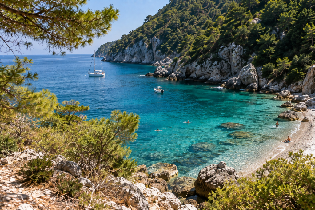 Panormos Beach on Skopelos, clear Aegean water, pebbly shoreline, pine-covered hills