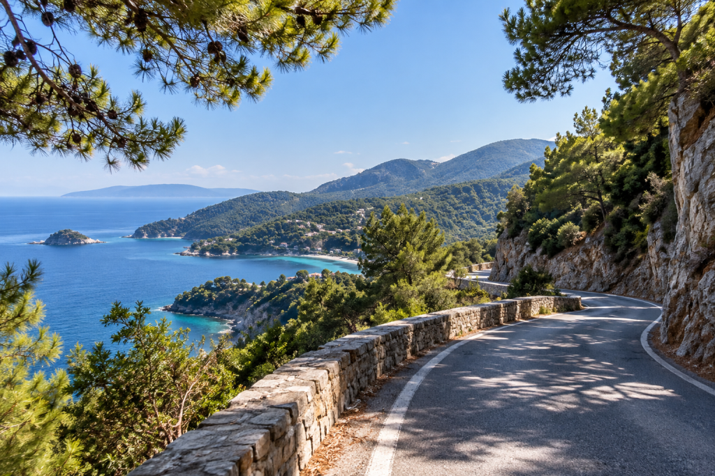 Winding island road through pine-covered hills on Skopelos, overlooking the blue Aegean Sea, forested coastline and distant islands.
