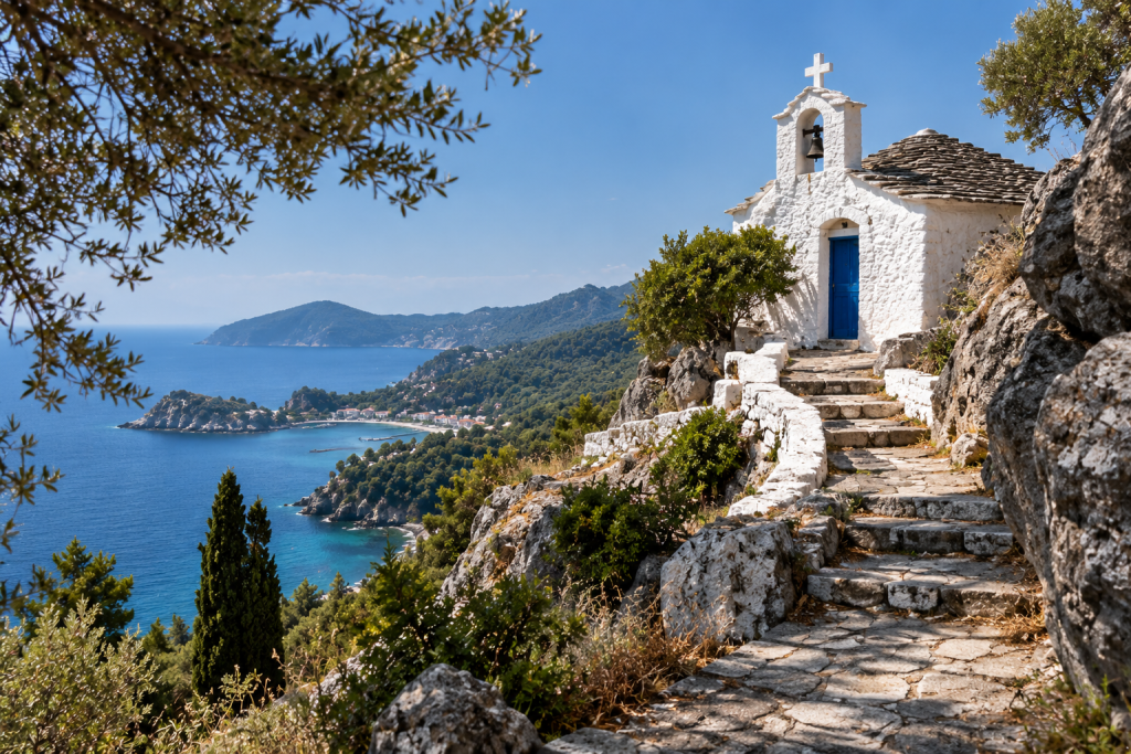 Whitewashed hillside chapel on Skopelos reached by a stone path, overlooking the Aegean Sea, forested hills and coastline below.