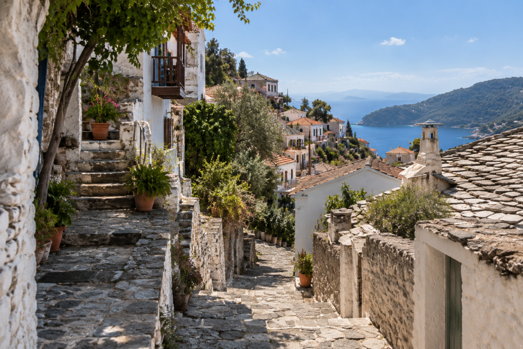 Stone lanes wind through Glossa on Skopelos, with whitewashed houses and terracotta roofs overlooking the blue Aegean Sea and forested hills.