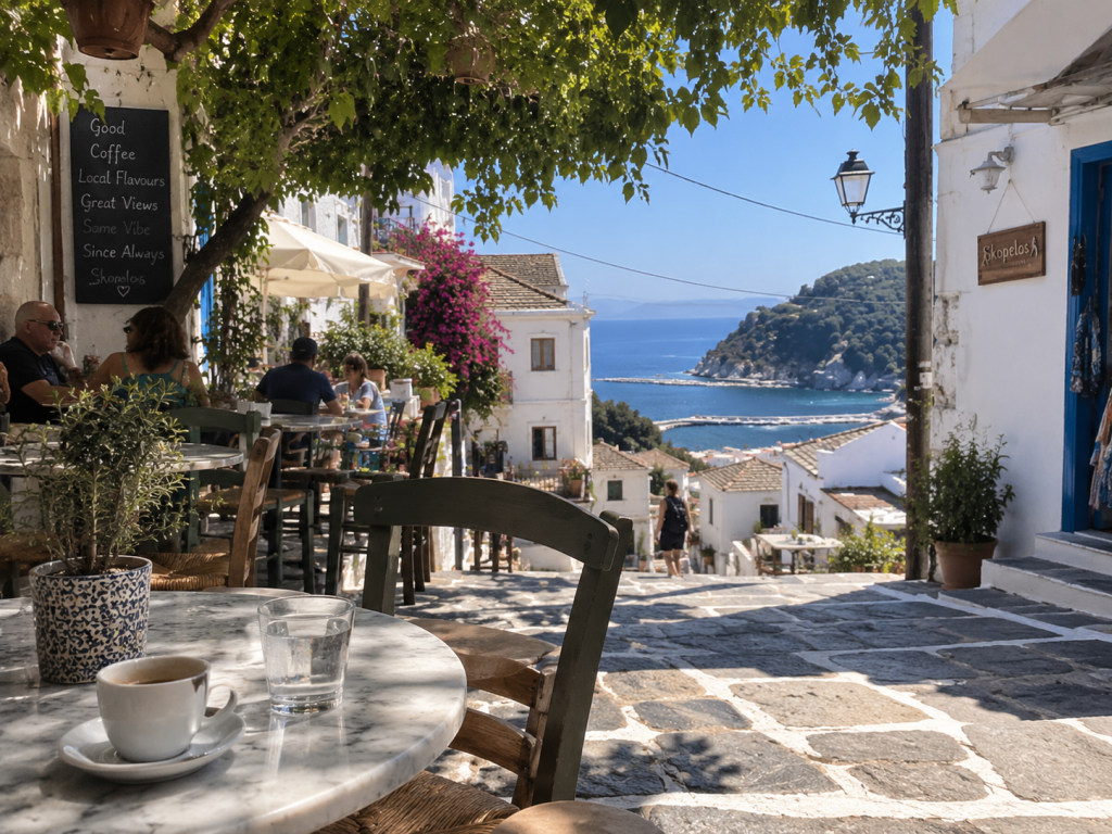 Café terrace in Skopelos Chora overlooking the harbour, with coffee on a marble table, whitewashed houses, stone lanes and the blue Aegean beyond.