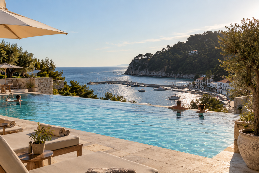 Sea-facing swimming pool at Natura Luxury Boutique Hotel in Loutraki, Skopelos