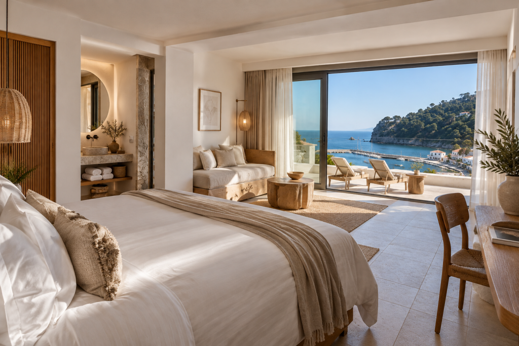 Contemporary suite at Natura Luxury Boutique Hotel Skopelos with balcony and sea view