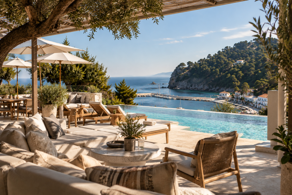 Relaxed afternoon at Natura Luxury Boutique Hotel Skopelos overlooking the Aegean Sea