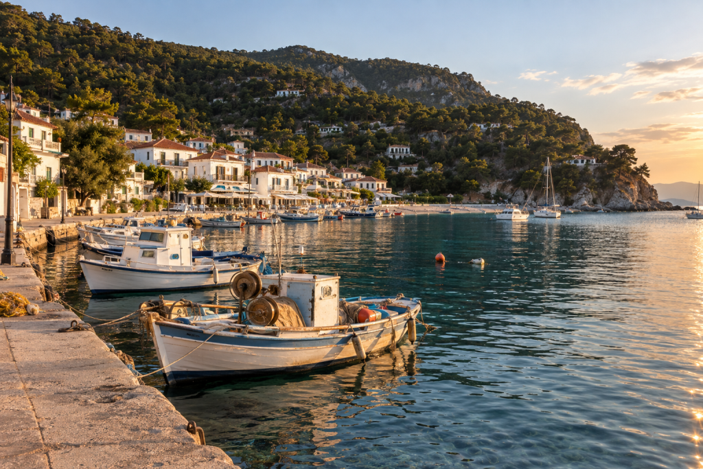 Fishing boats moored along the waterfront at Loutraki, Skopelos, with whitewashed buildings, pine-covered hills and calm Aegean water in warm late-afternoon light.