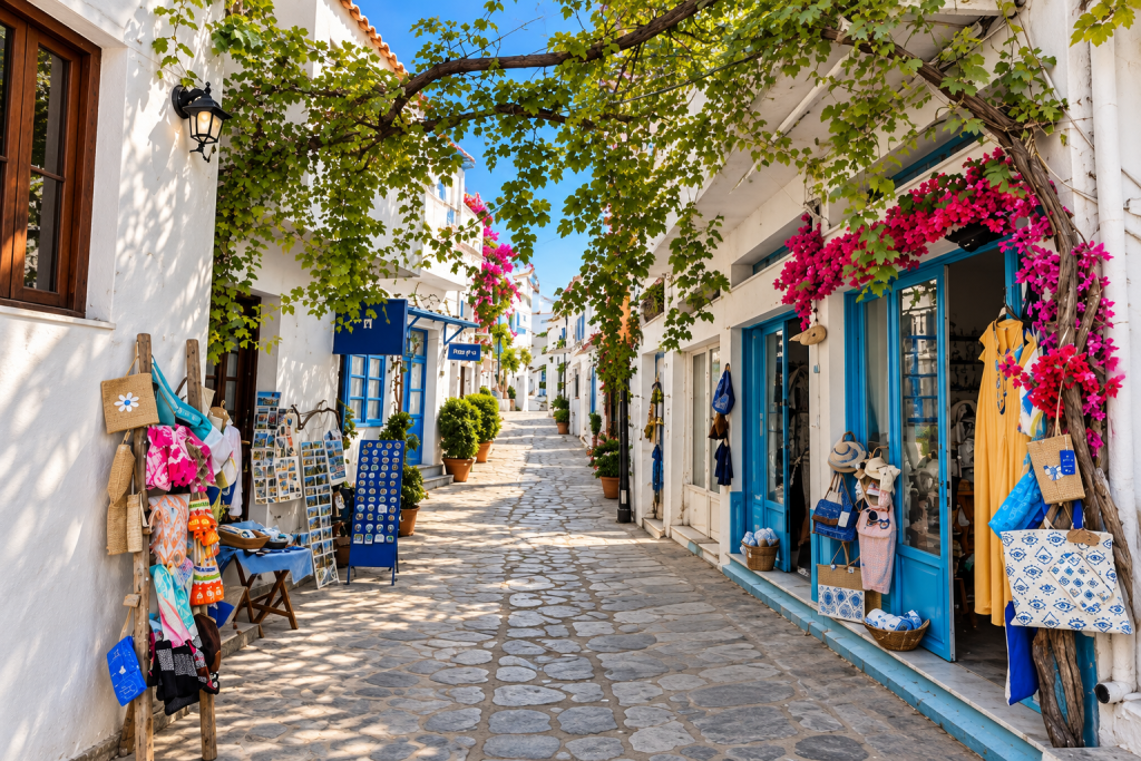 Whitewashed lane in Glossa, Skopelos, lined with blue-trimmed shops, colourful local goods, stone paving, grapevines and bright bougainvillea in Mediterranean sunlight.