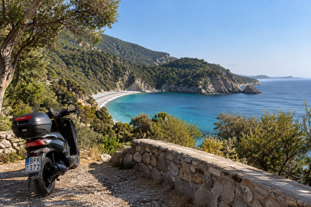 Scooter parked beside a stone roadside wall overlooking a secluded Skopelos beach, with pine-covered hills, rocky cliffs and clear blue Aegean water.