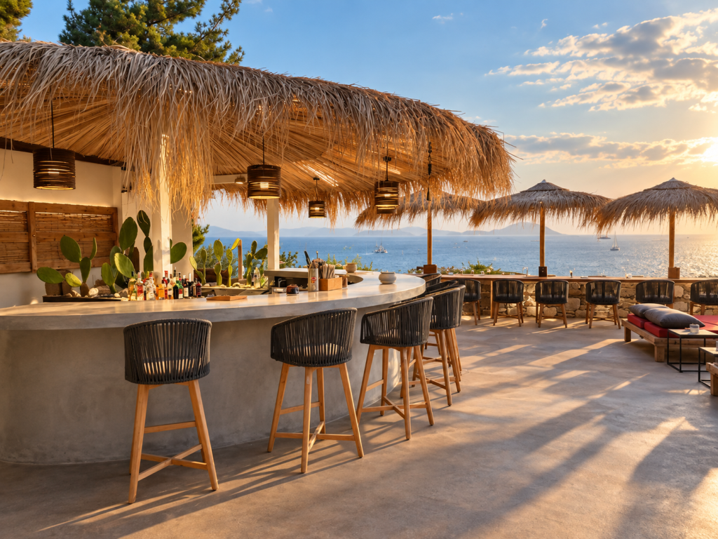 Open-air coastal bar at Natura Luxury Boutique Hotel in Loutraki, Skopelos, with a thatched roof, woven stools, ocean-facing seating and views across the Aegean in warm late-afternoon light.