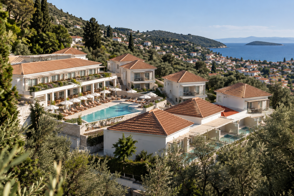 Minnŏ Boutique Hotel & Spa in Ampeliki with views towards Skopelos Town and the Aegean Sea.
