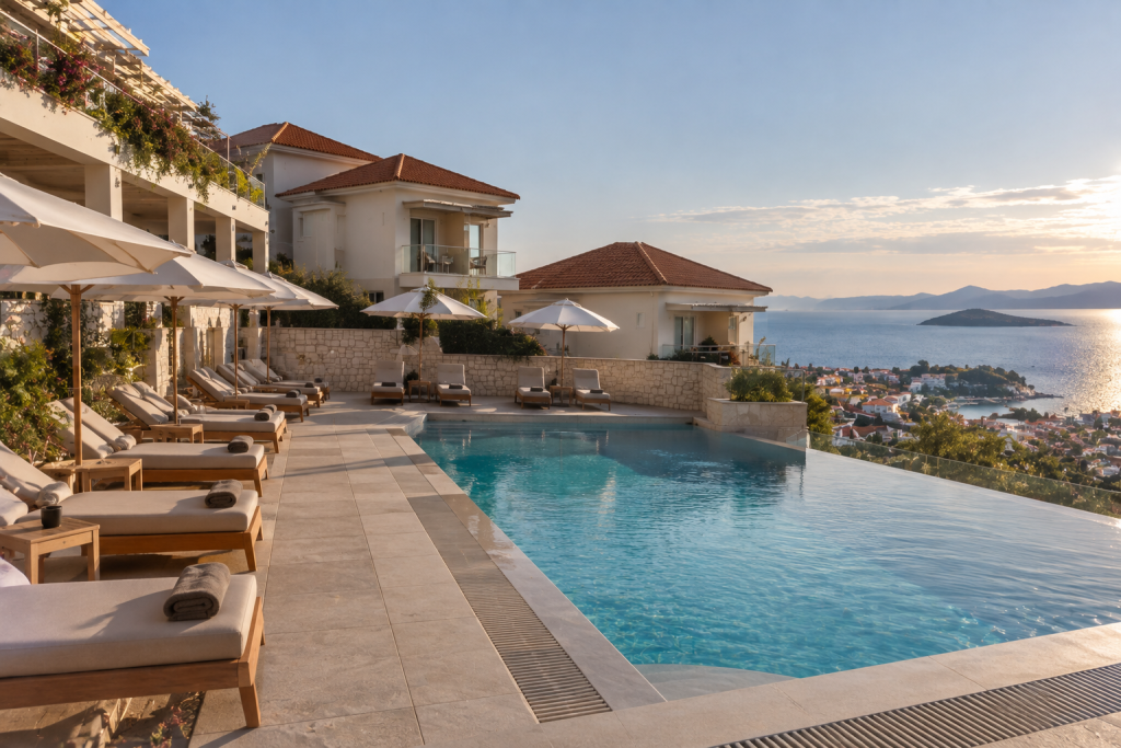 Outdoor swimming pool at Minnŏ Boutique Hotel & Spa with sun loungers and island views.