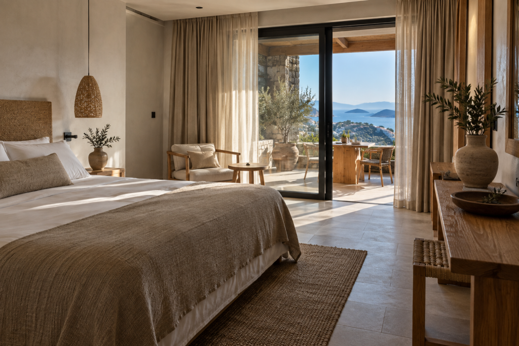 Contemporary guest room at Minnŏ Boutique Hotel & Spa with natural materials and understated Greek island design.
