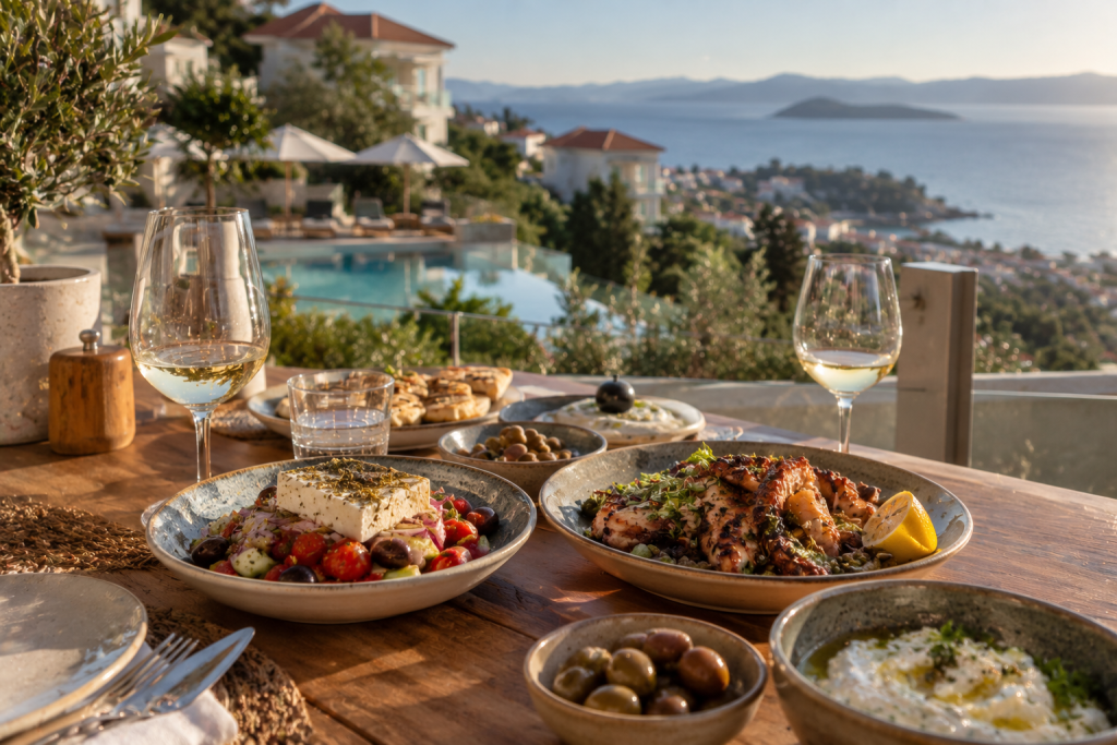 Greek-inspired dishes served at the restaurant of Minnŏ Boutique Hotel & Spa on Skopelos.