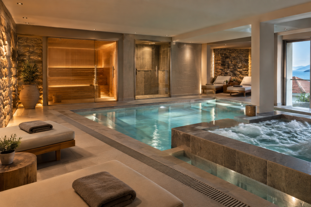 Indoor wellness area at Minnŏ Boutique Hotel & Spa with pool, jacuzzi and natural materials.