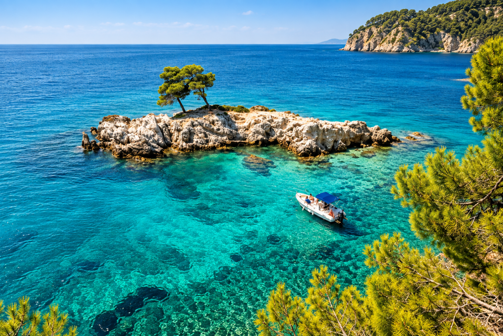 Clear turquoise Aegean water surrounding a rocky islet with windswept pine trees, a small boat nearby and forested coastal cliffs in the distance.