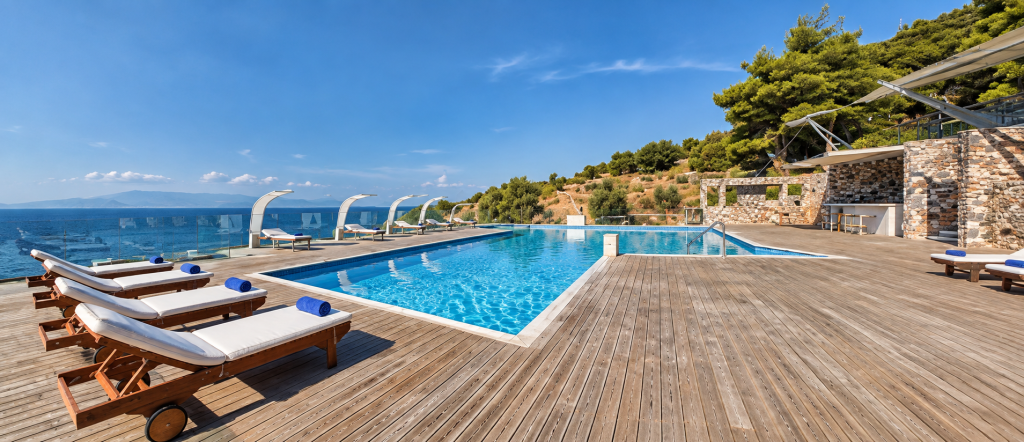 Salt-water swimming pool at Adrina Beach Hotel overlooking the Aegean Sea.