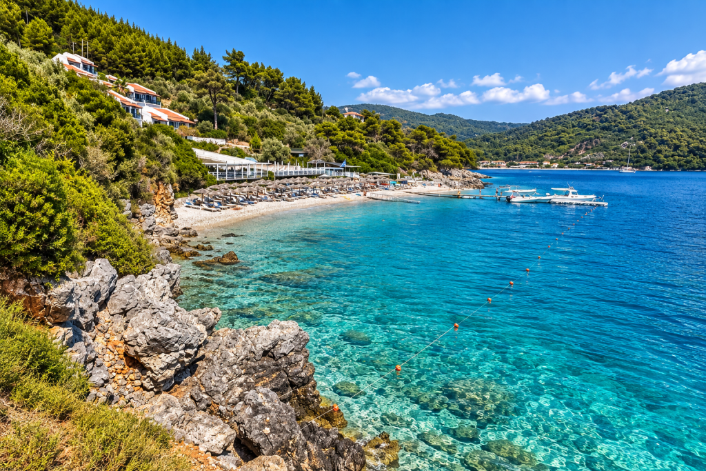 Panoramic view of Adrina Beach Hotel on Skopelos above a clear turquoise cove, with pine-covered hills, white villas, a pebble beach, loungers and small boats.