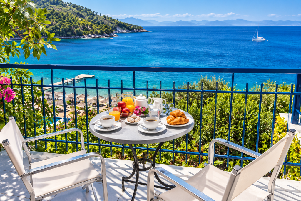 Breakfast veranda at Adrina Beach Hotel overlooking the sea and countryside on Skopelos.