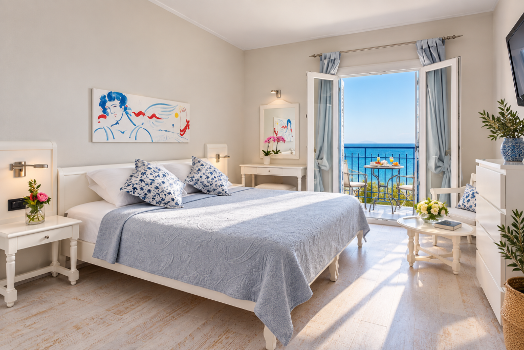Guest room at Adrina Beach Hotel with a balcony overlooking the Aegean Sea.