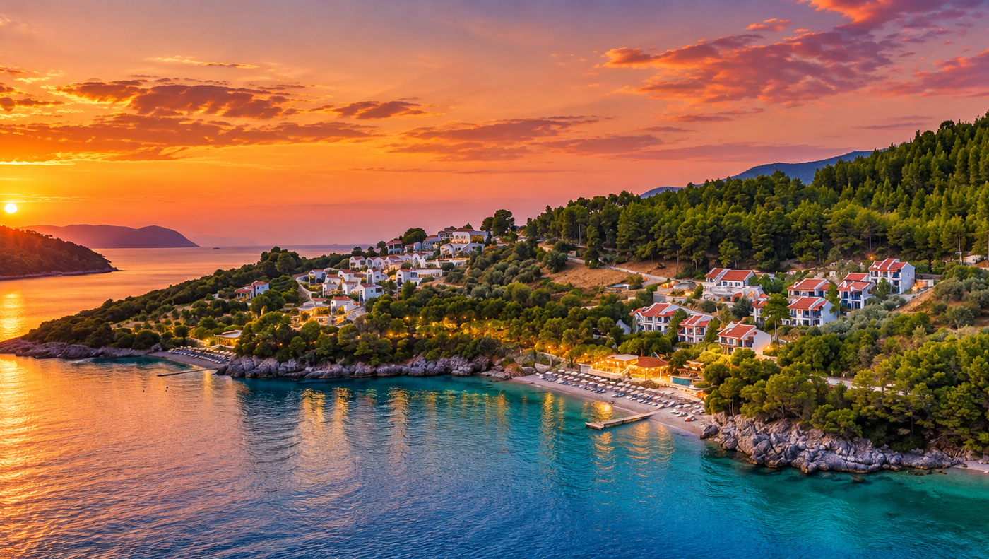 Sunset over Adrina Beach Hotel on Skopelos, with white villas among pine-covered hills overlooking a calm bay, pebble beaches and turquoise Aegean water.