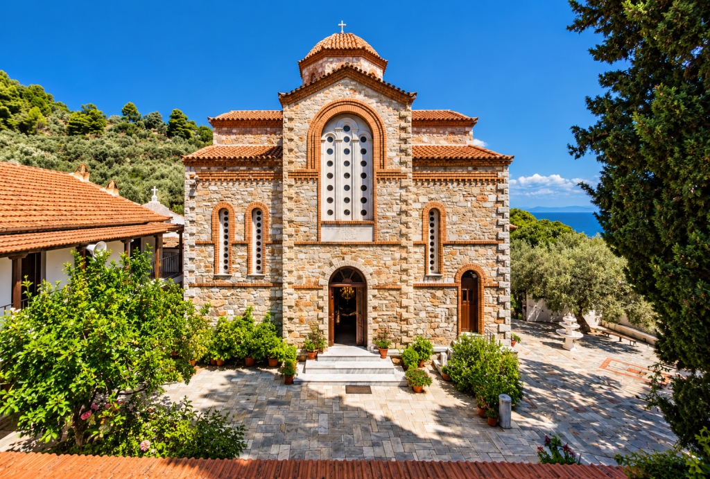 Agios Riginakis on Skopelos surrounded by green island landscape.