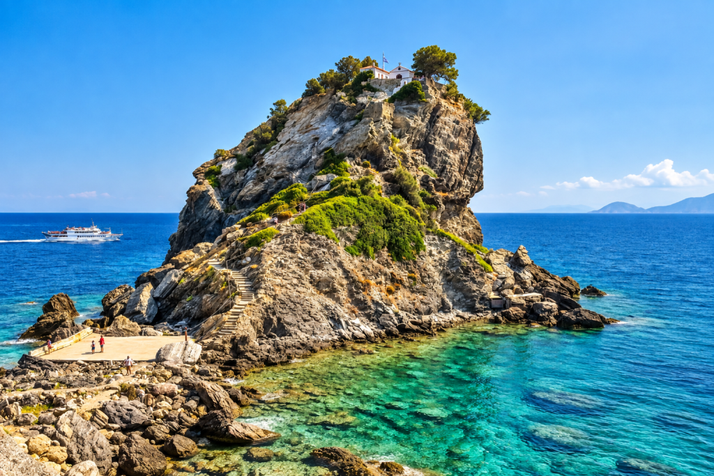 Agios Ioannis Kastri chapel on Skopelos above the Aegean Sea with its stone staircase.