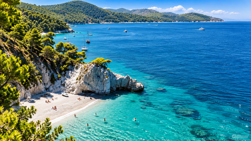Hovolo Beach on Skopelos with clear water, pale rocks and green coastal hills.