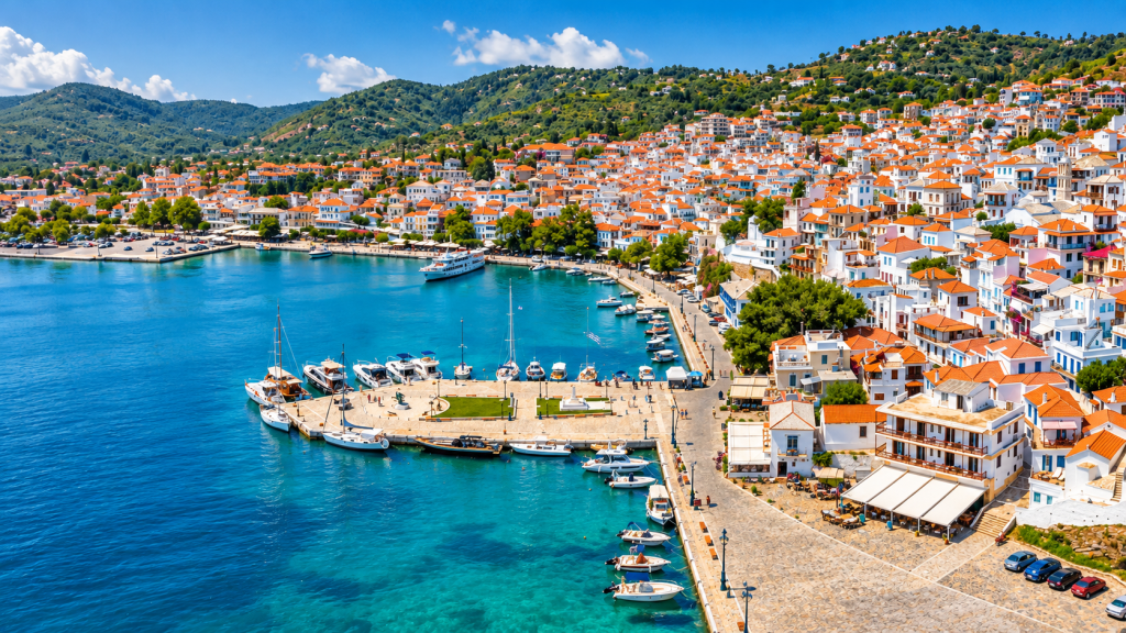 Panoramic view of Skopelos Town rising above a turquoise harbour, with whitewashed buildings, terracotta roofs, waterfront promenades, boats and green wooded hills.