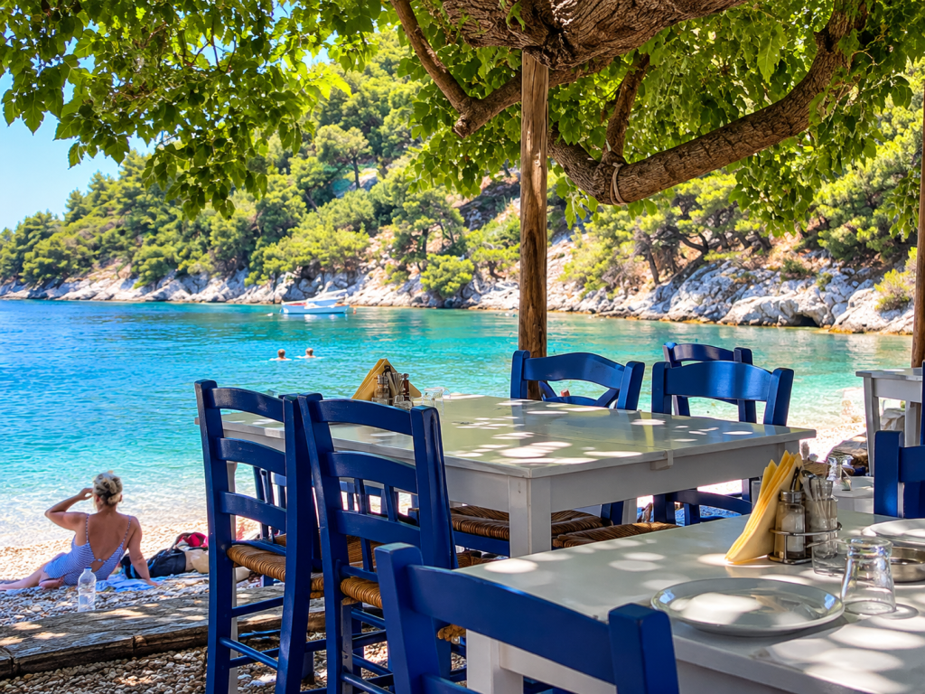 Seaside taverna on Skopelos with blue chairs and white tables beneath a leafy tree, overlooking a clear turquoise bay, pebble beach and pine-covered shoreline.