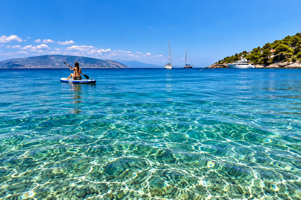 Wide view across clear turquoise Aegean water, with a paddleboarder, sailboats and a yacht offshore, backed by pine-covered coastline and distant mountains.