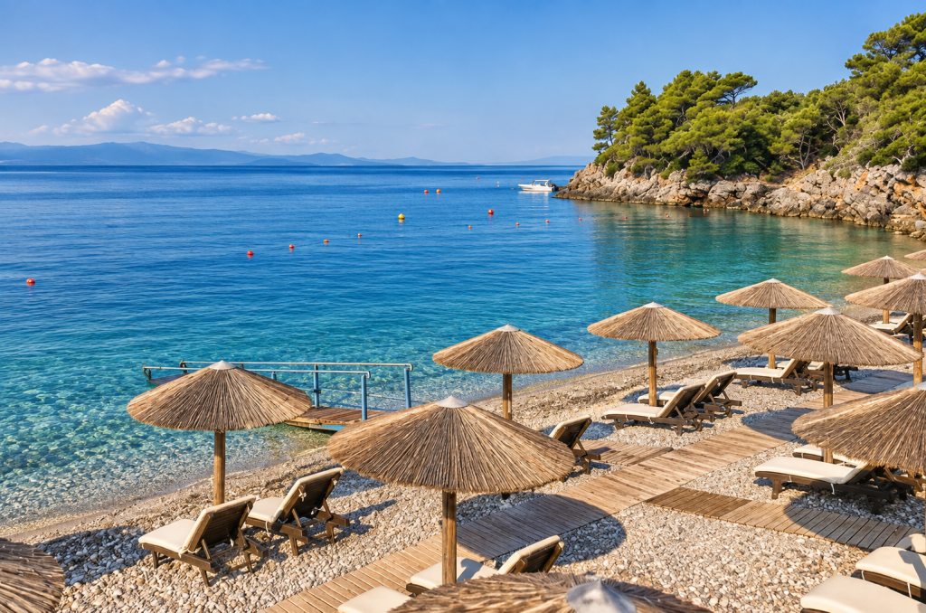 Pebble beach at Adrina Beach Hotel on Skopelos, with thatched umbrellas, loungers, clear turquoise Aegean water, pine-covered cliffs and distant mountains.