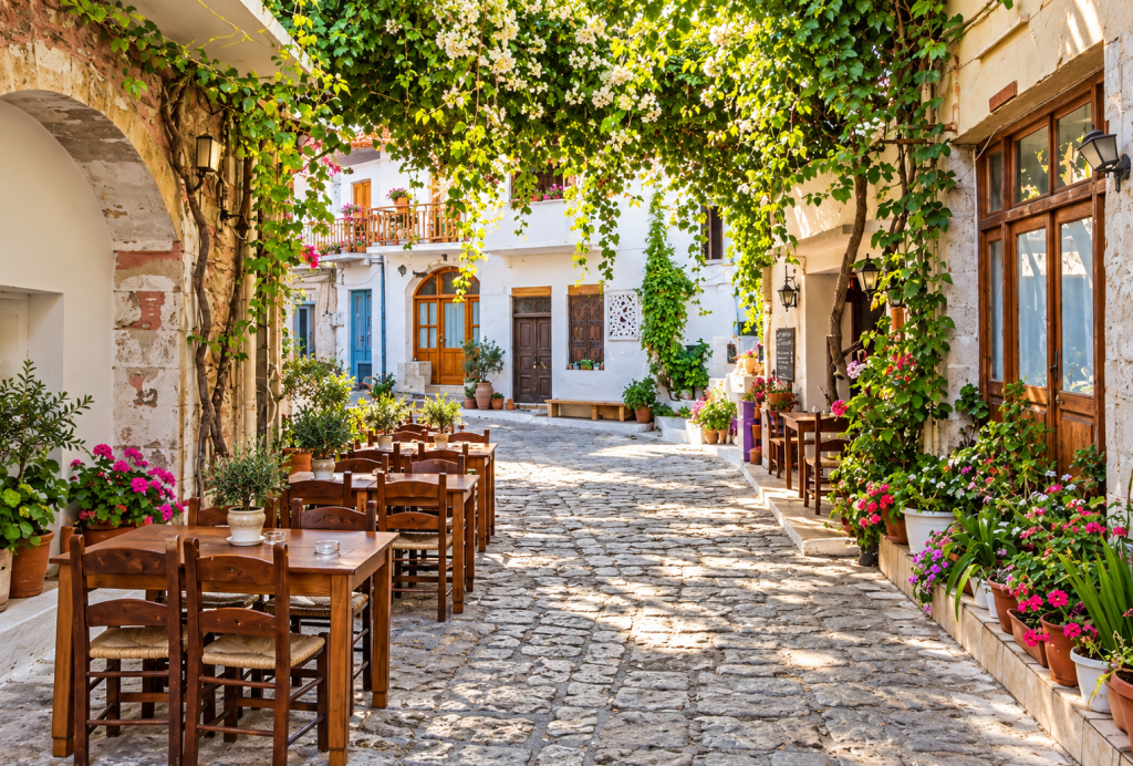 Shaded cobblestone lane in Panormos, Greece with traditional whitewashed buildings, wooden café tables, flowering plants and leafy vines in warm Mediterranean sunlight.