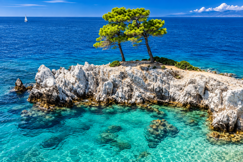 Amarantos Cove on Skopelos with white rocks, clear Aegean water and three leaning pine trees.