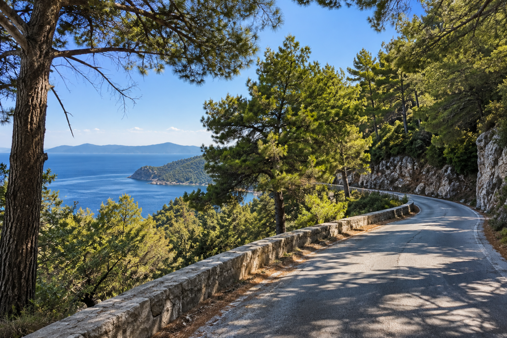 Scenic road through pine-covered countryside on Skopelos with the Aegean visible beyond.