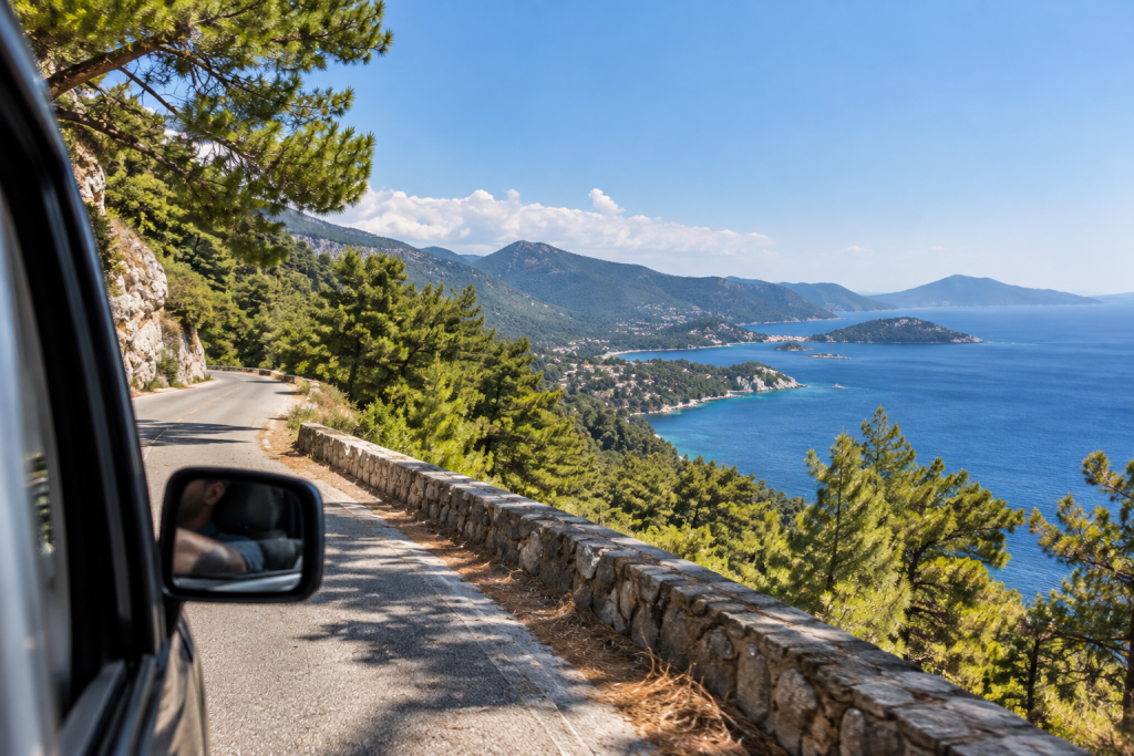 Private tour vehicle travelling through the Skopelos landscape during a Mamma Mia filming-location tour.