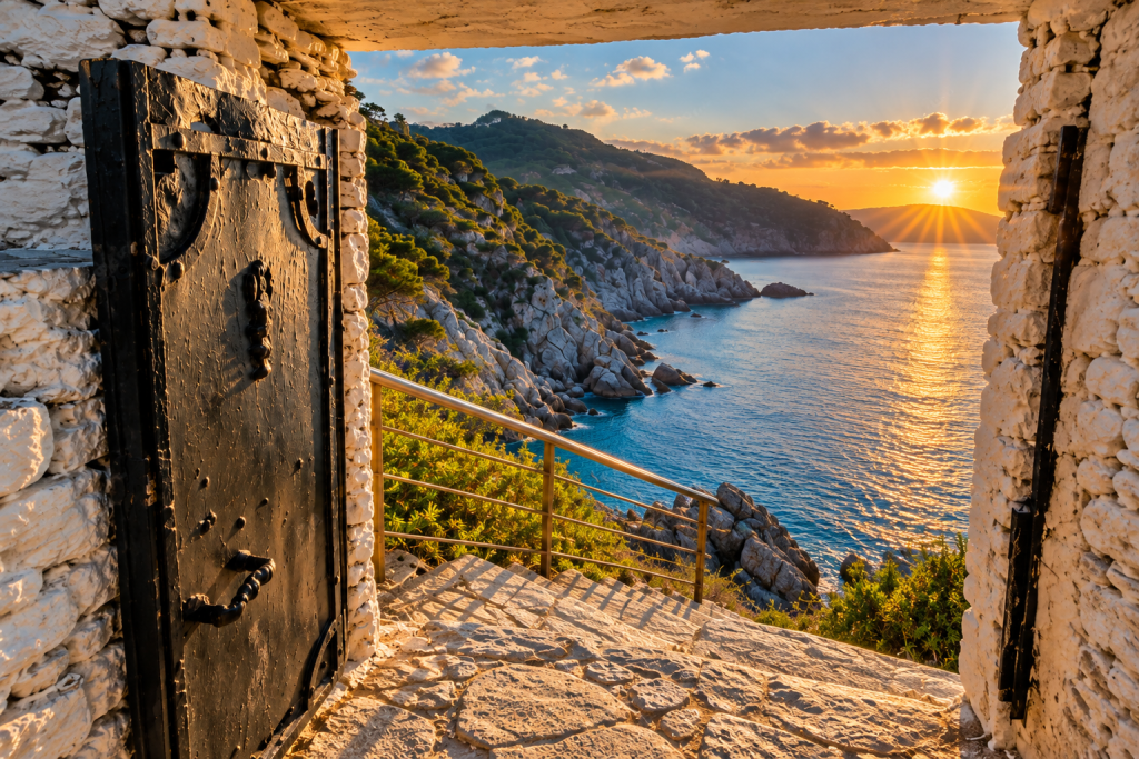Open stone doorway with a wrought-iron door leading to a coastal path above a rugged Aegean shoreline, with pine-covered cliffs, calm blue water and the setting sun beyond the bay.