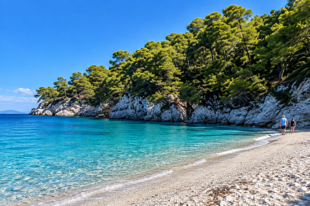 Pebble beach on Skopelos with clear turquoise Aegean water, white rocky cliffs covered in pine trees, and two people walking along the shoreline.
