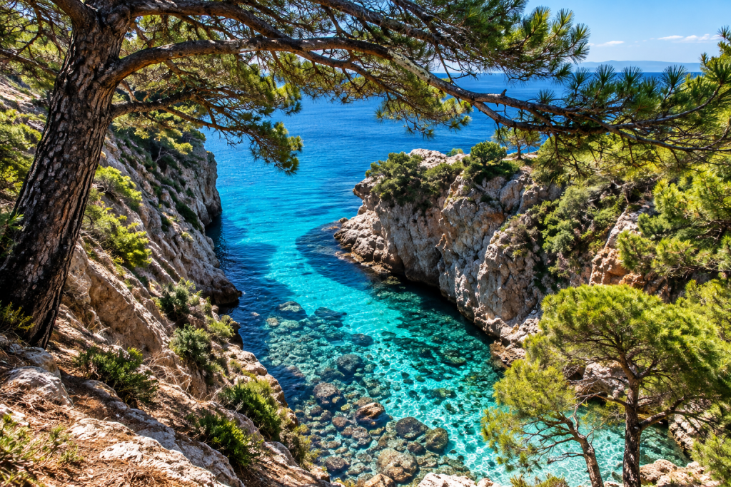 Turquoise sea channel between rugged limestone cliffs on Skopelos, framed by pine trees and overlooking the deep blue Aegean.