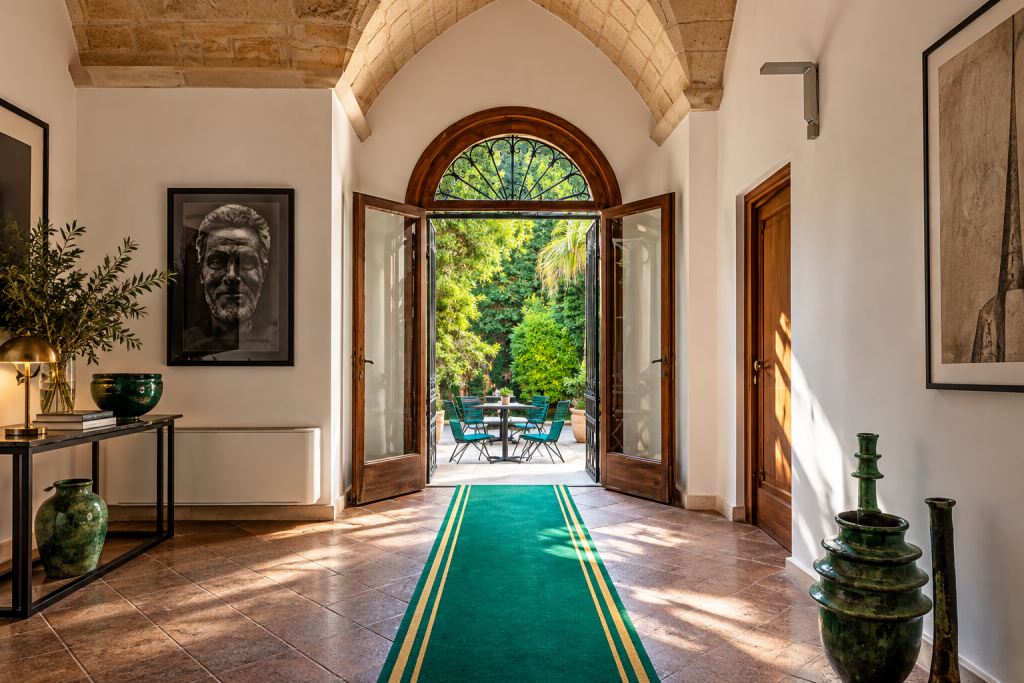 Historic stone-vaulted hallway at La Fiermontina Palazzo Bozzi Corso in Lecce, with a green-and-gold runner leading through open wooden doors to a leafy courtyard.