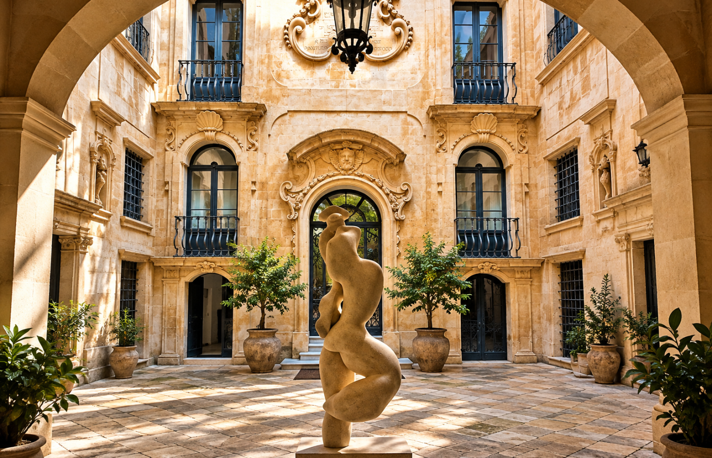 Courtyard at La Fiermontina Palazzo Bozzi Corso in Lecce, framed by Baroque stone architecture and balconies, with a sculptural stone figure, potted trees and a wrought-iron lantern.