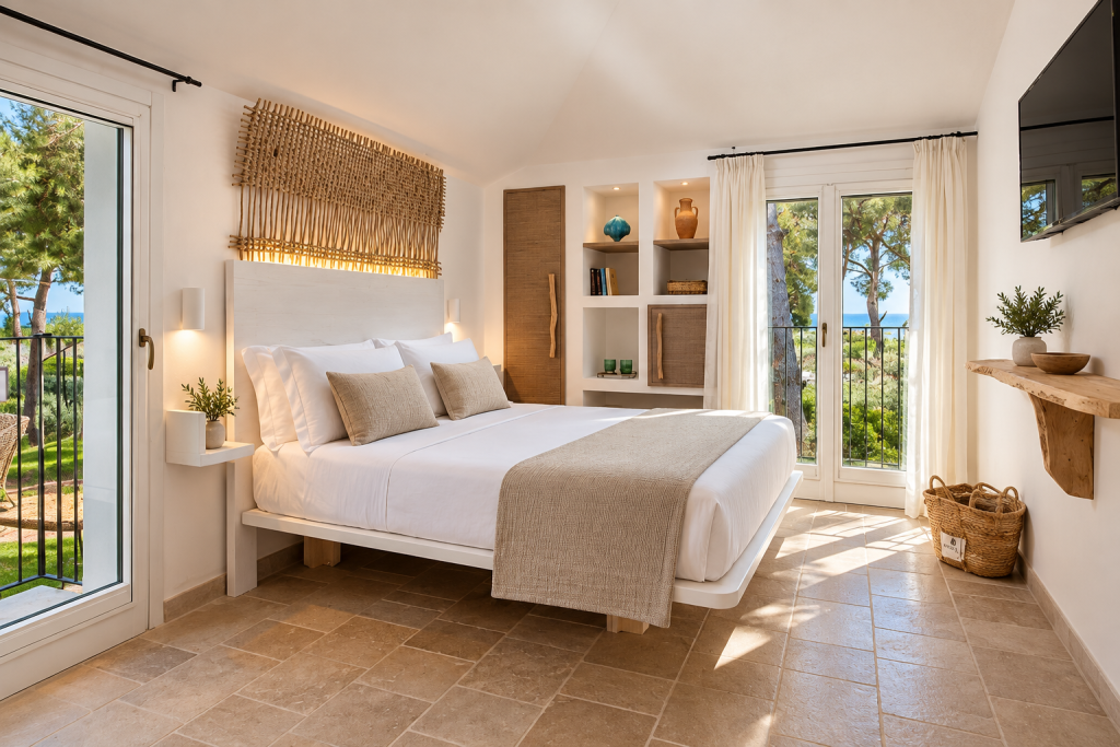 Interior of a Masseria Fontanelle room with a traditional vaulted ceiling and olive-wood details.