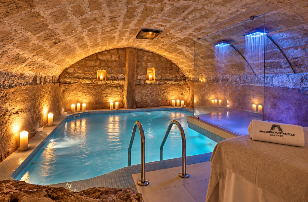 Spa area inside an ancient cave at Masseria Fontanelle near Ugento in Puglia.