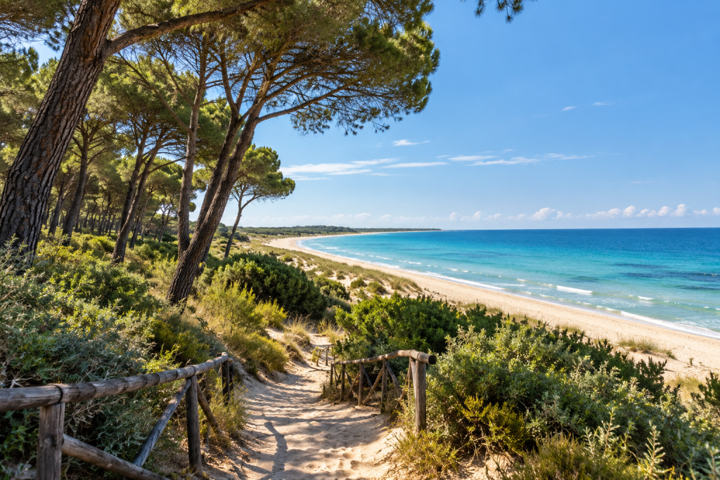 Pine woodland and sandy coastline near Masseria Fontanelle in the Litorale di Ugento Natural Park.